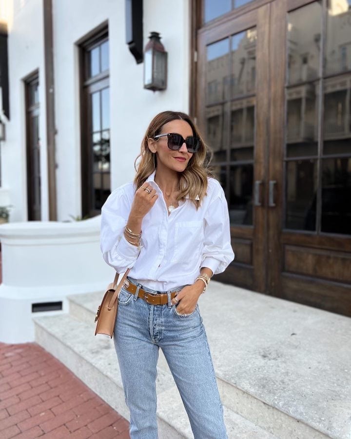 Karina wears nordstrom white button down shirt with agolde denim and ysl bag