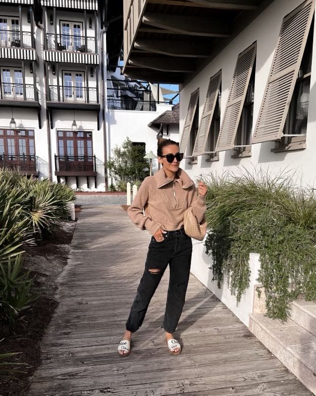 Karina wears tan quarter zip from Nordstrom with agolde jeans and chloe slides