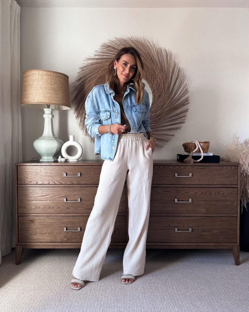 Karina wears evereve linen pants and denim jacket