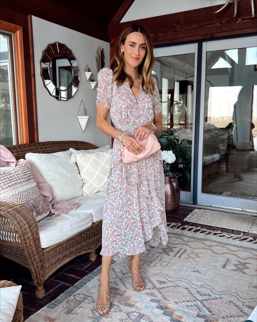 karina wears floral midi dress from nordstrom