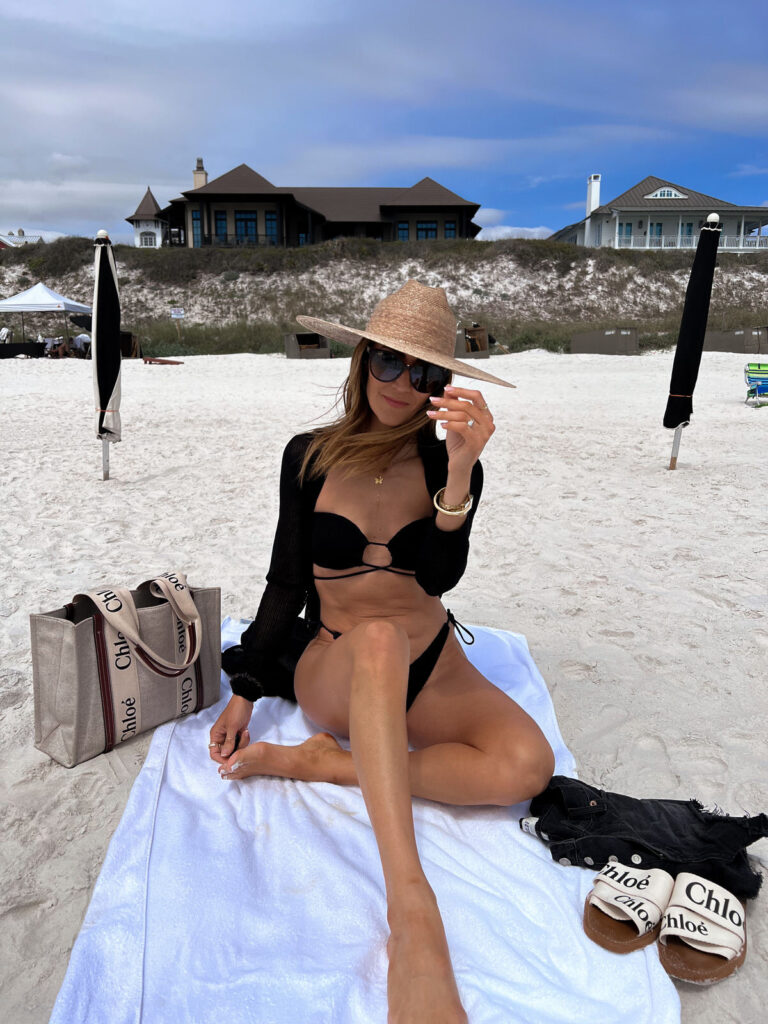 Karina wears bond eye black bikini with chloe tote and slides and sun hat