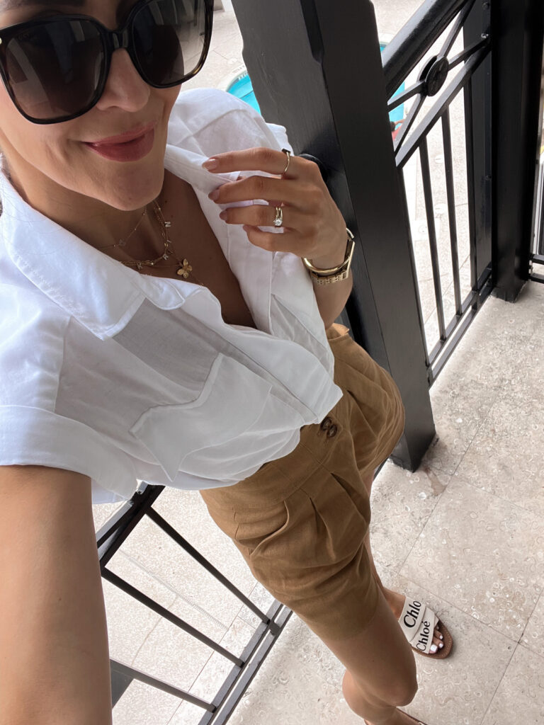 karina wears veronica beard shorts with banana republic button down shirt