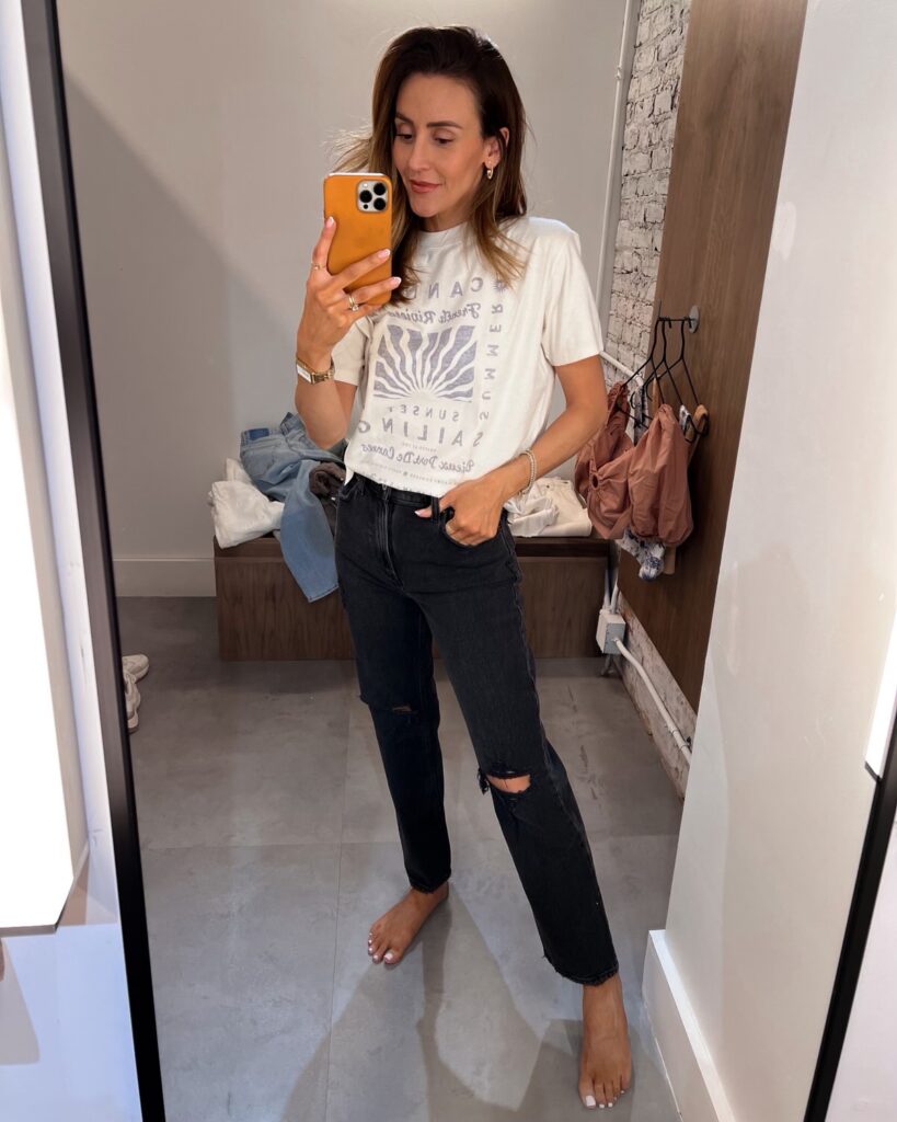 karina wears abercrombie white denim with graphic tee