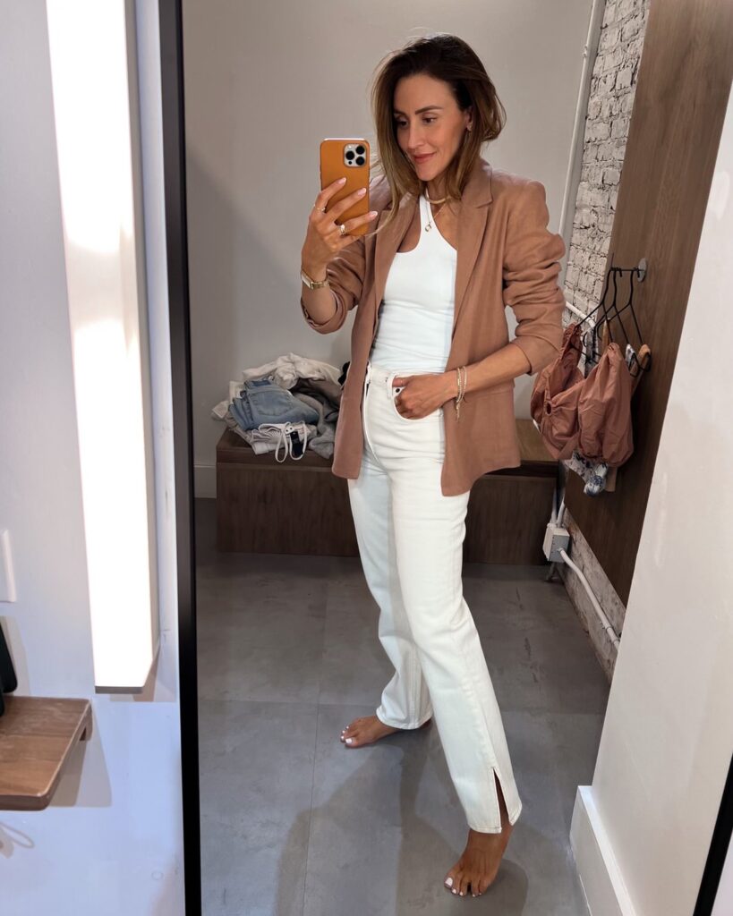 karina wears abercrombie white denim with tank and blazer