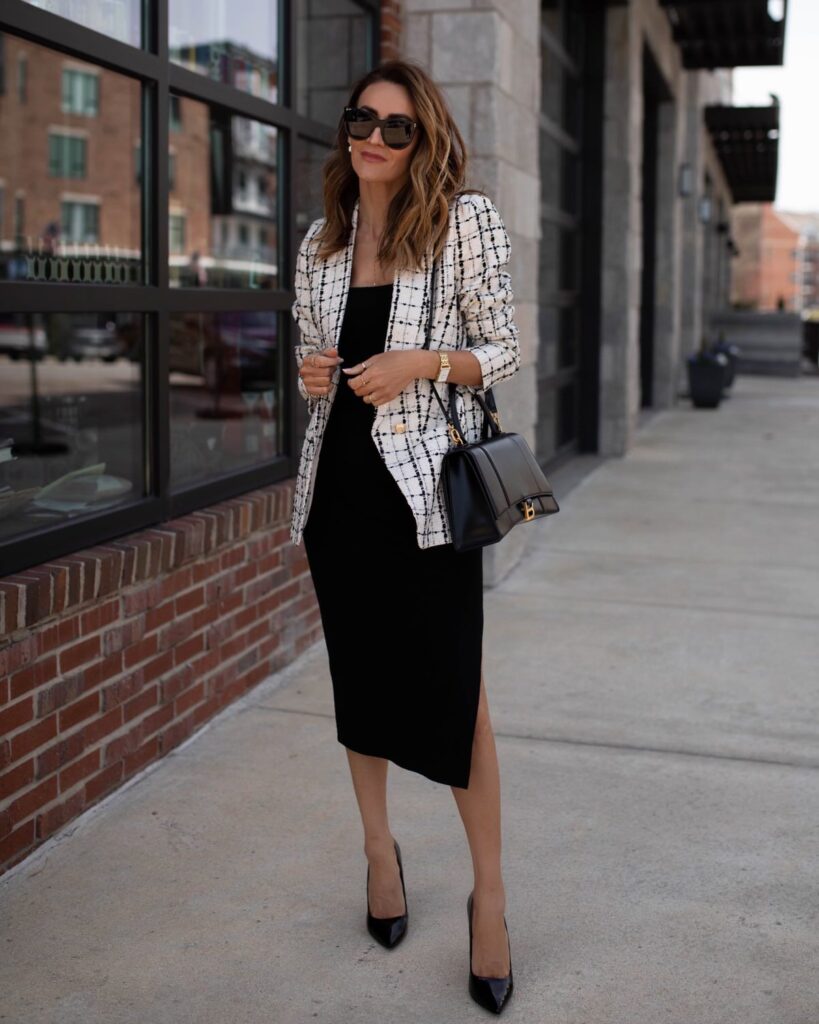 karina wears express tweed blazer with black matching set