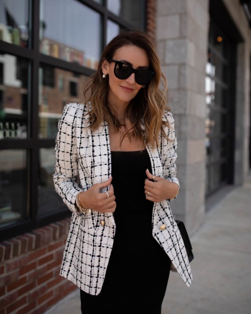 karina wears express tweed blazer with black matching set