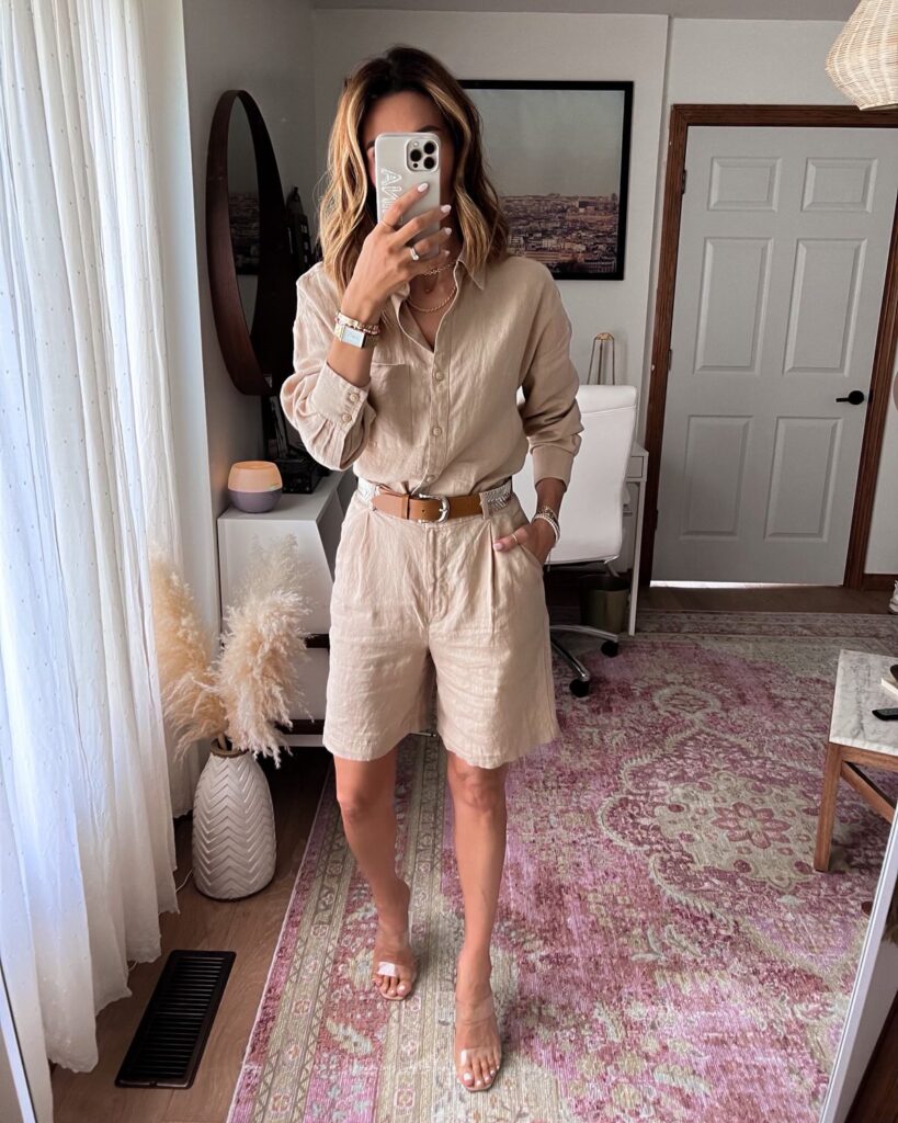 karina wears amazon matching linen set with isabel marant belt