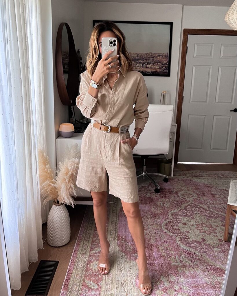 karina wears amazon matching linen set with isabel marant belt