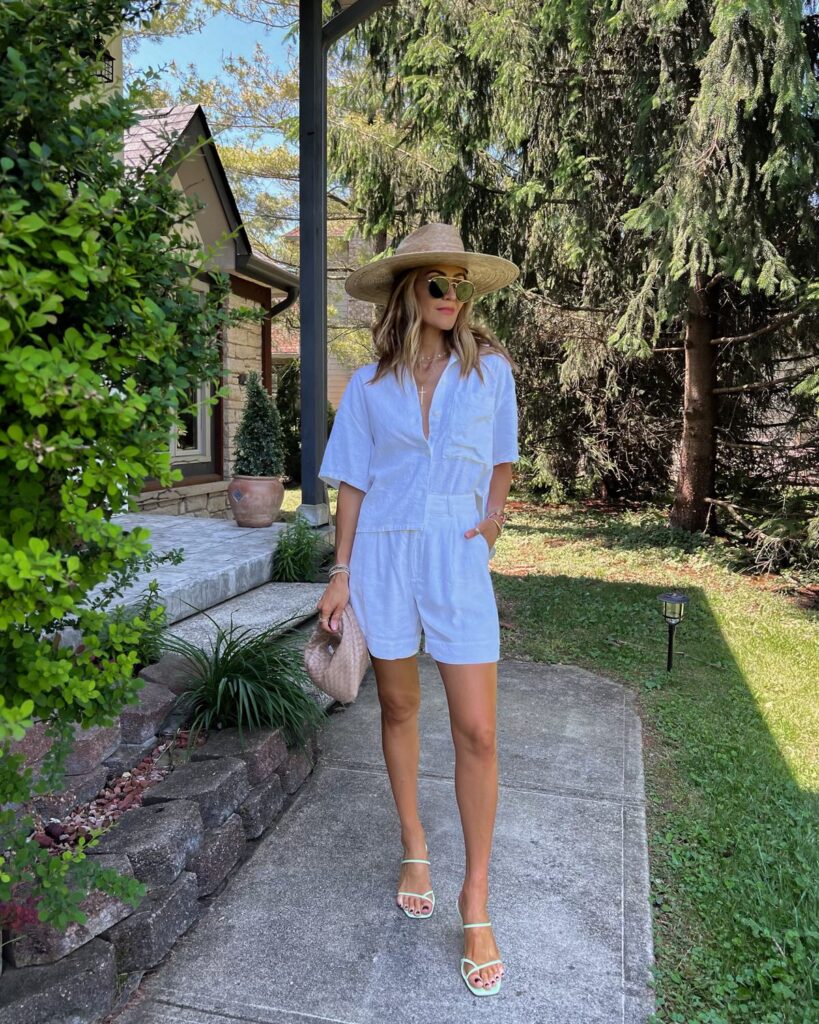 karina wears abercrombie white matching linen set with straw hat