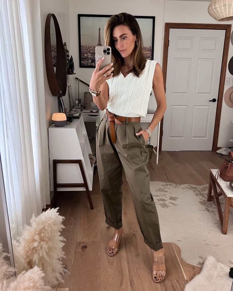 Karina wears amazon loose fit olive pant with white sweater vest