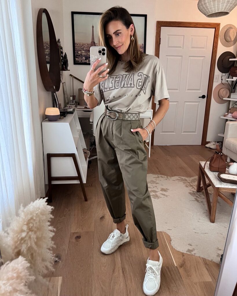 Karina wears amazon loose fit olive pant with graphic tee