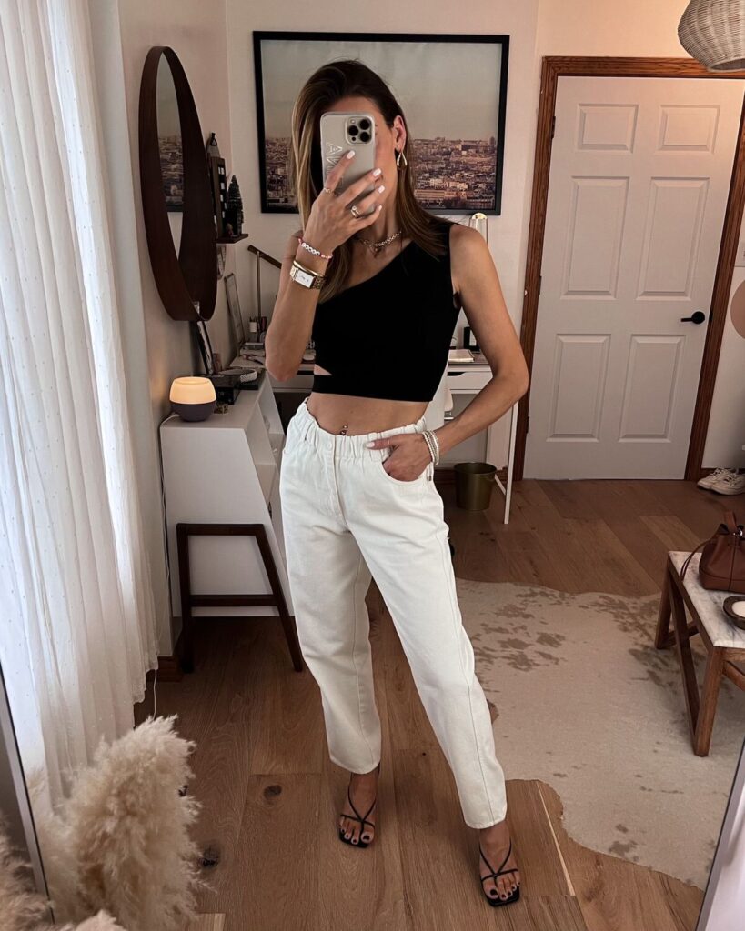 Karina wears amazon white paperbag pants with crop top