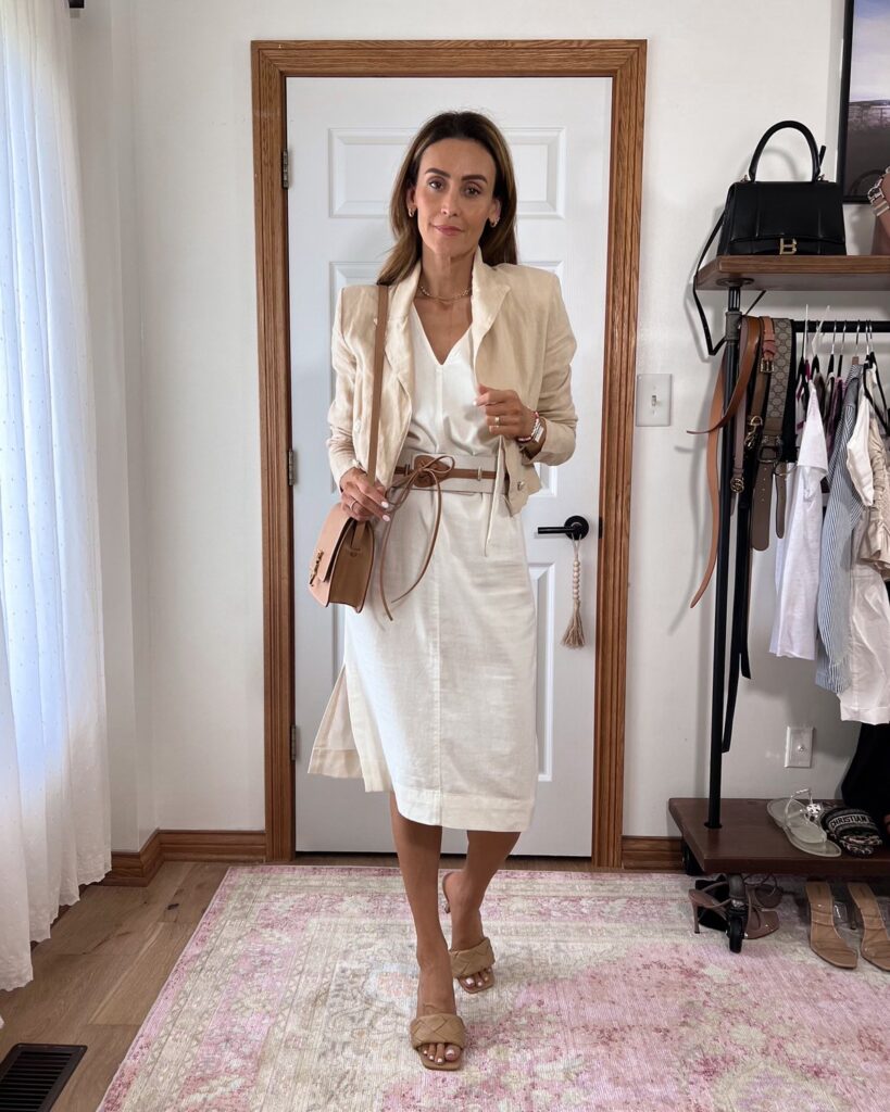 Karina wears Walmart linen dress with tie shoulder