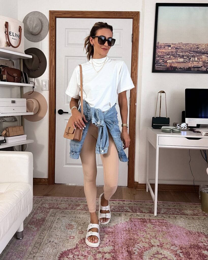 Karina wears gucci dad sandal with lululemon align leggings and denim jacket