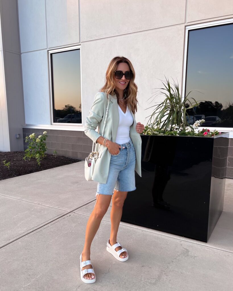 Karina wears gucci dad sandal with amazon blazer and 90s denim shorts