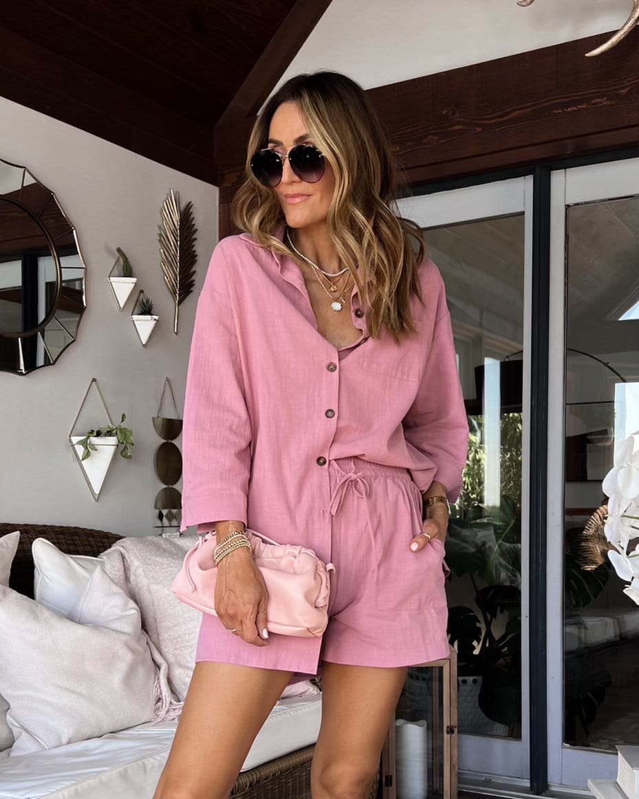 Karina wear pink amazon matching set with gucci sandals