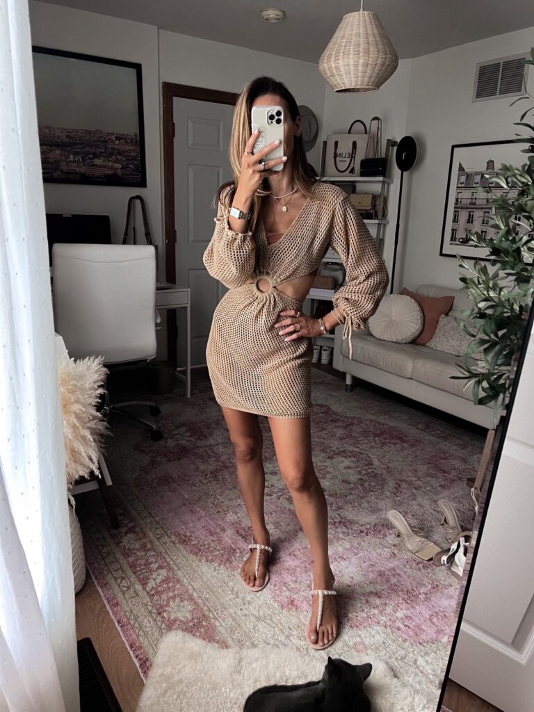 Karina wears amazon coverup in tan