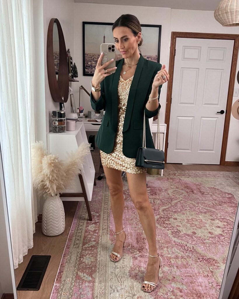 Karina wears amazon gold sequin dress with green blazer