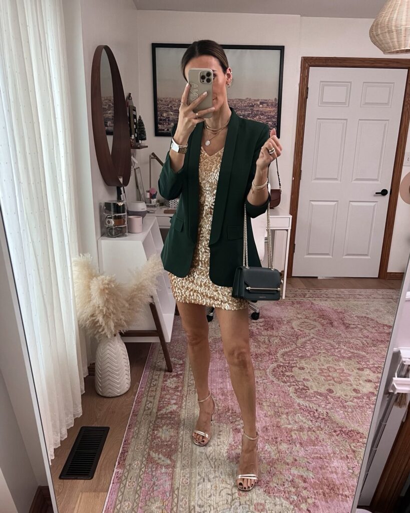 Karina wears amazon gold sequin dress with green blazer