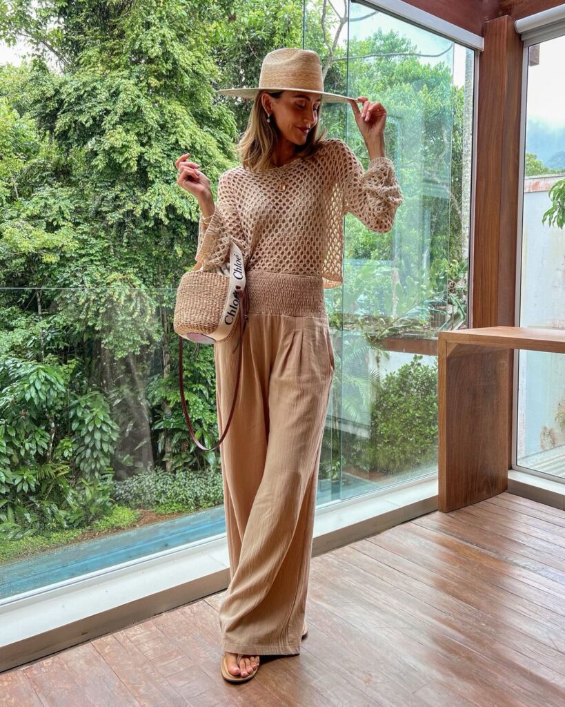 Karina wears amazon crochet top with amazon flowy pant