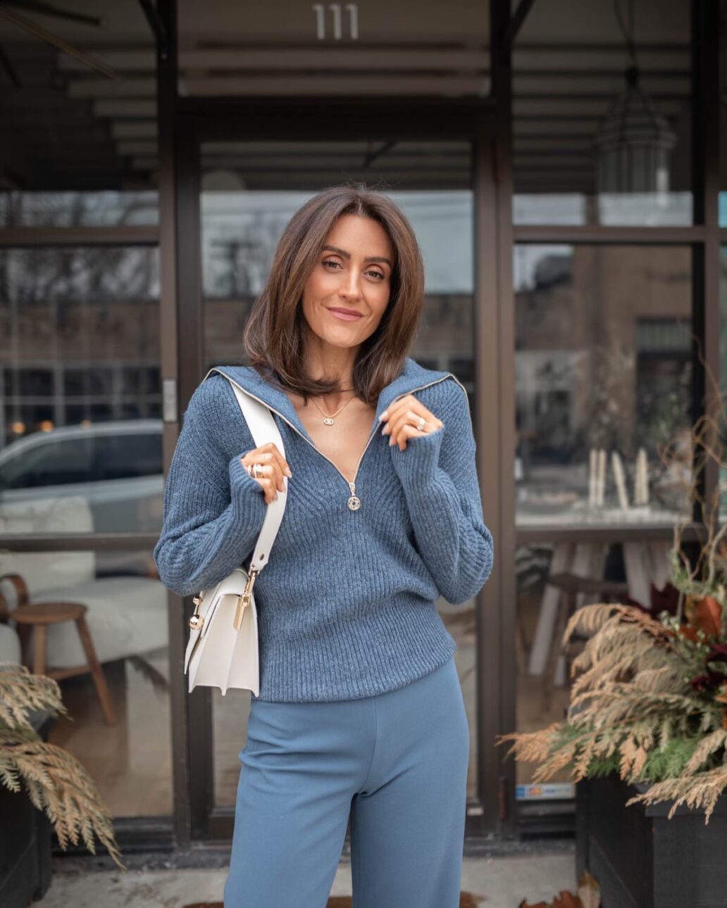 Karina wears WHBM blue monochromatic suit