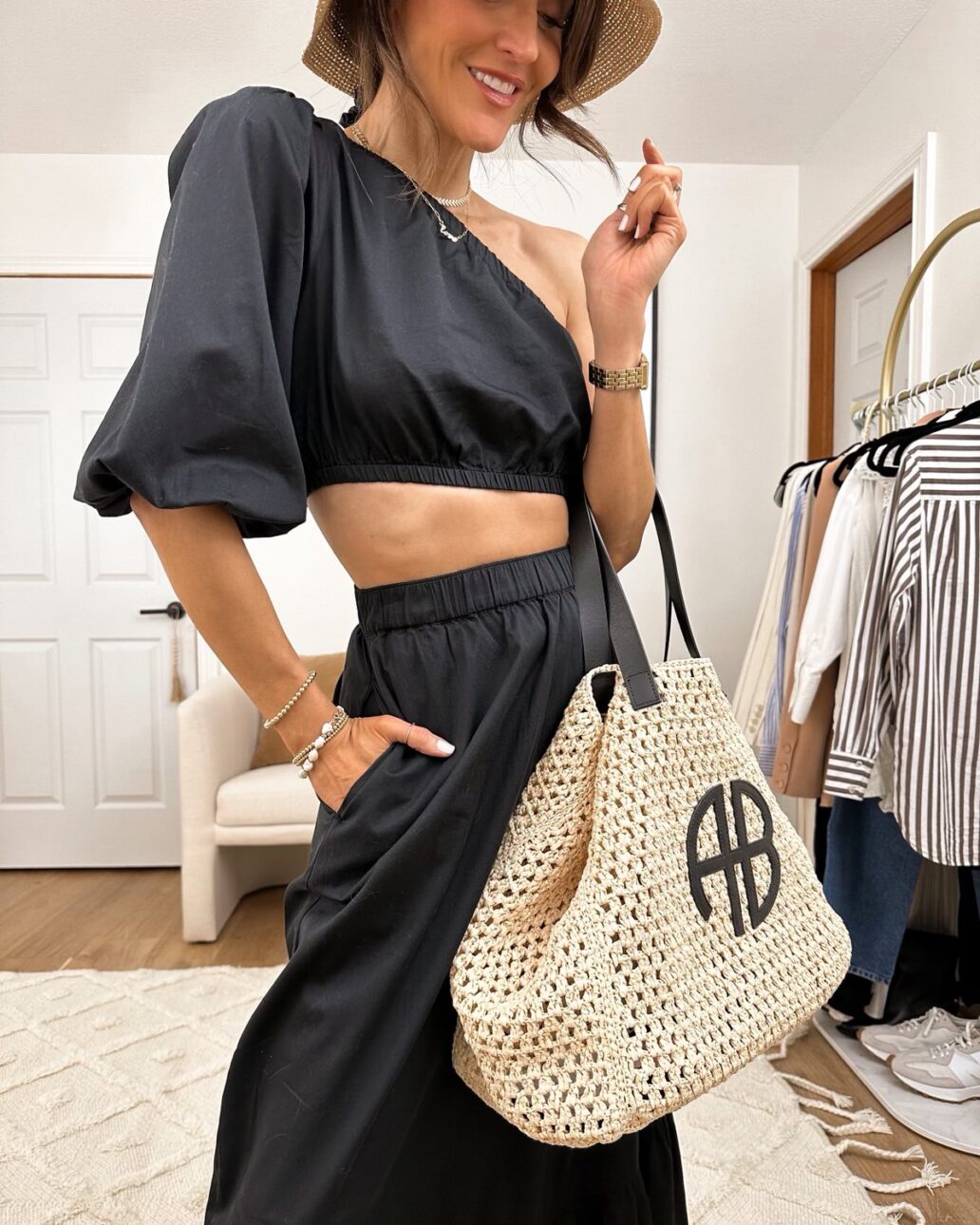 Karina wears Amazon matching skirt set with Anine Bing tote bag