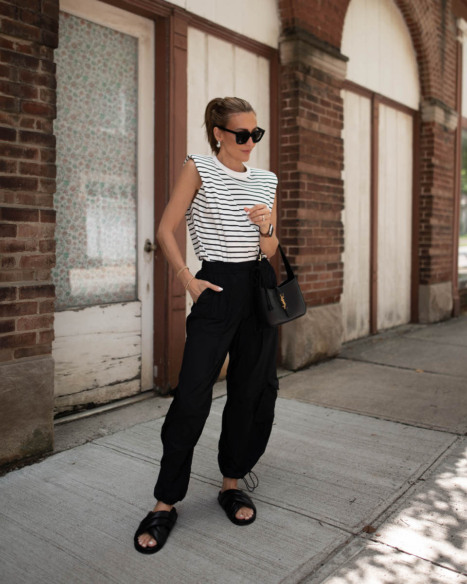 Karina Style Diaries striped tee parachute pants outfit 