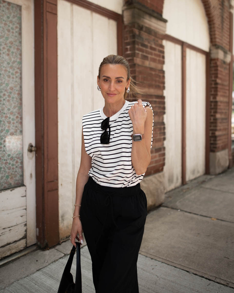 Karina Style Diaries striped tee parachute pants outfit 