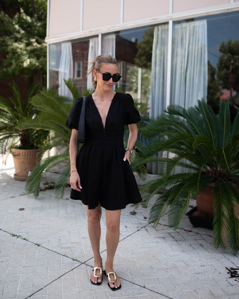 Karina wears Anthro The Katerina Button front mini dress