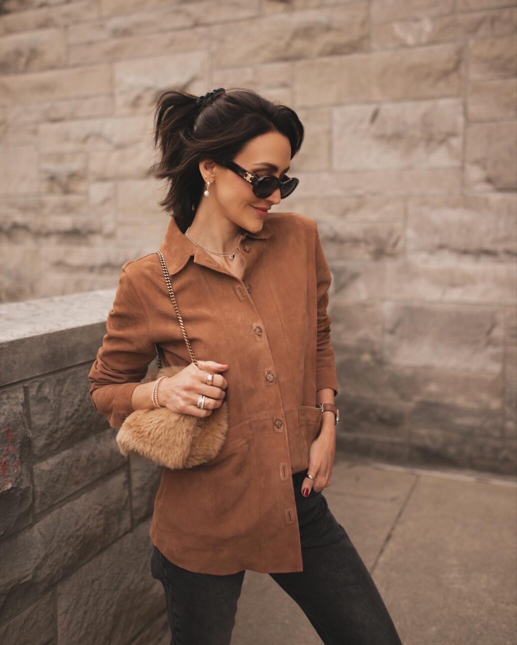 black jean outfit with brown suede shirt