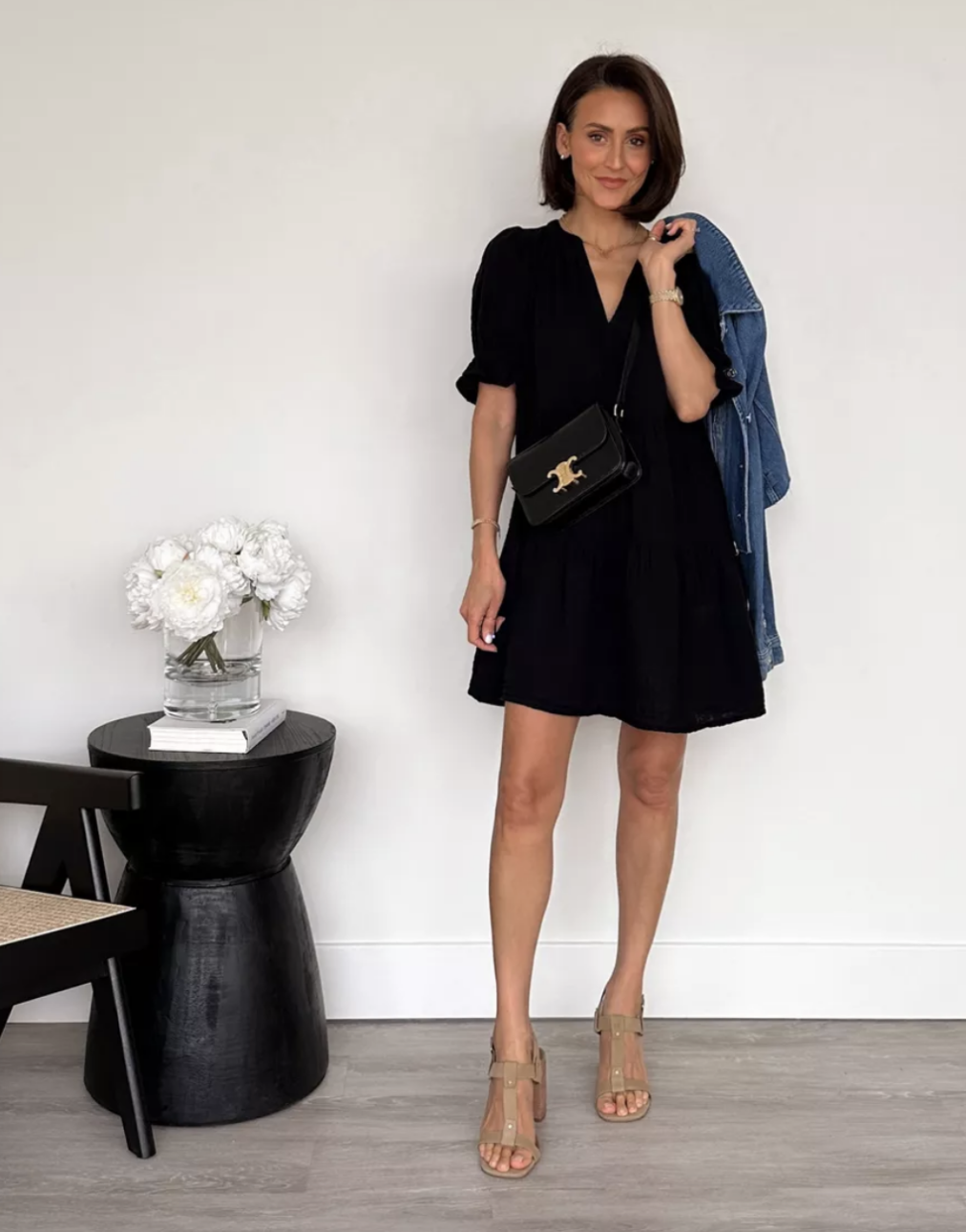 black dress with a denim jacket