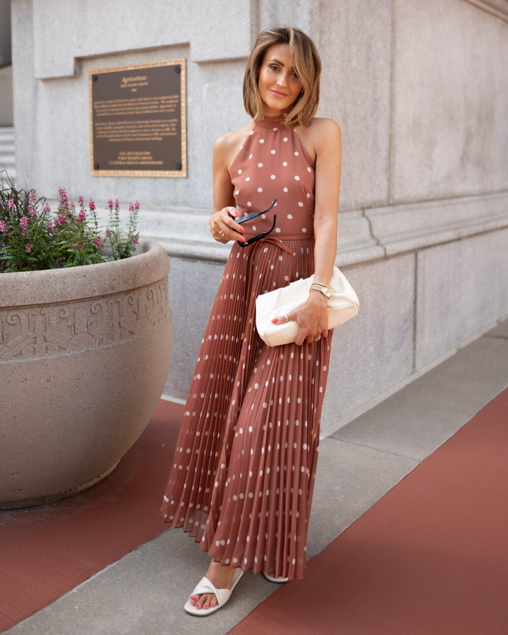 long silk polka dot wedding guest dress