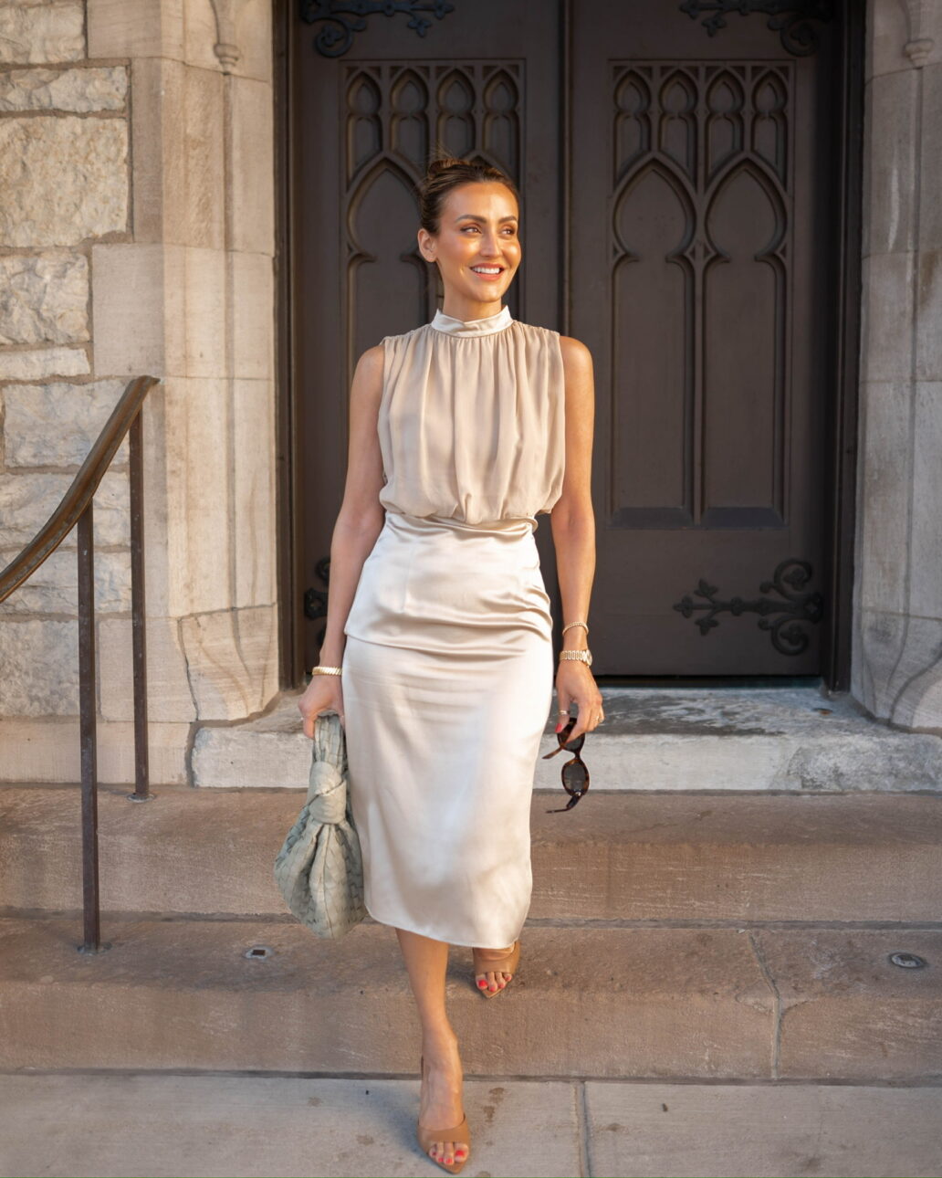 midi silk and high neck wedding guest dress