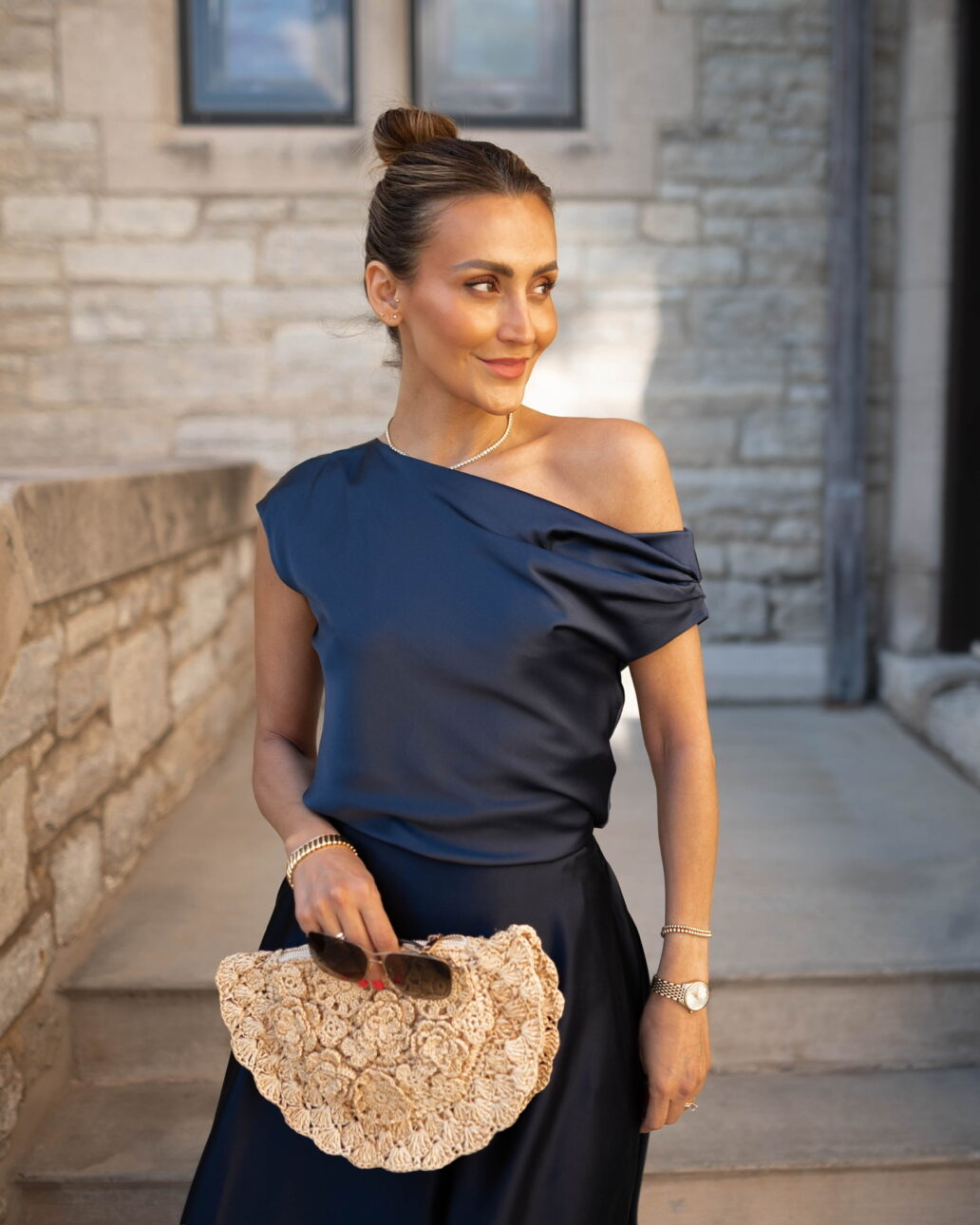 off the shoulder summer wedding guest outfit idea