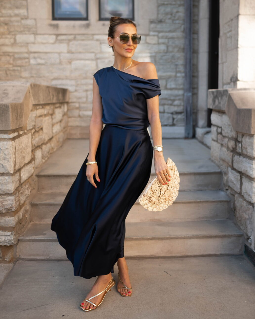 navy blue off the shoulder wedding guest dress