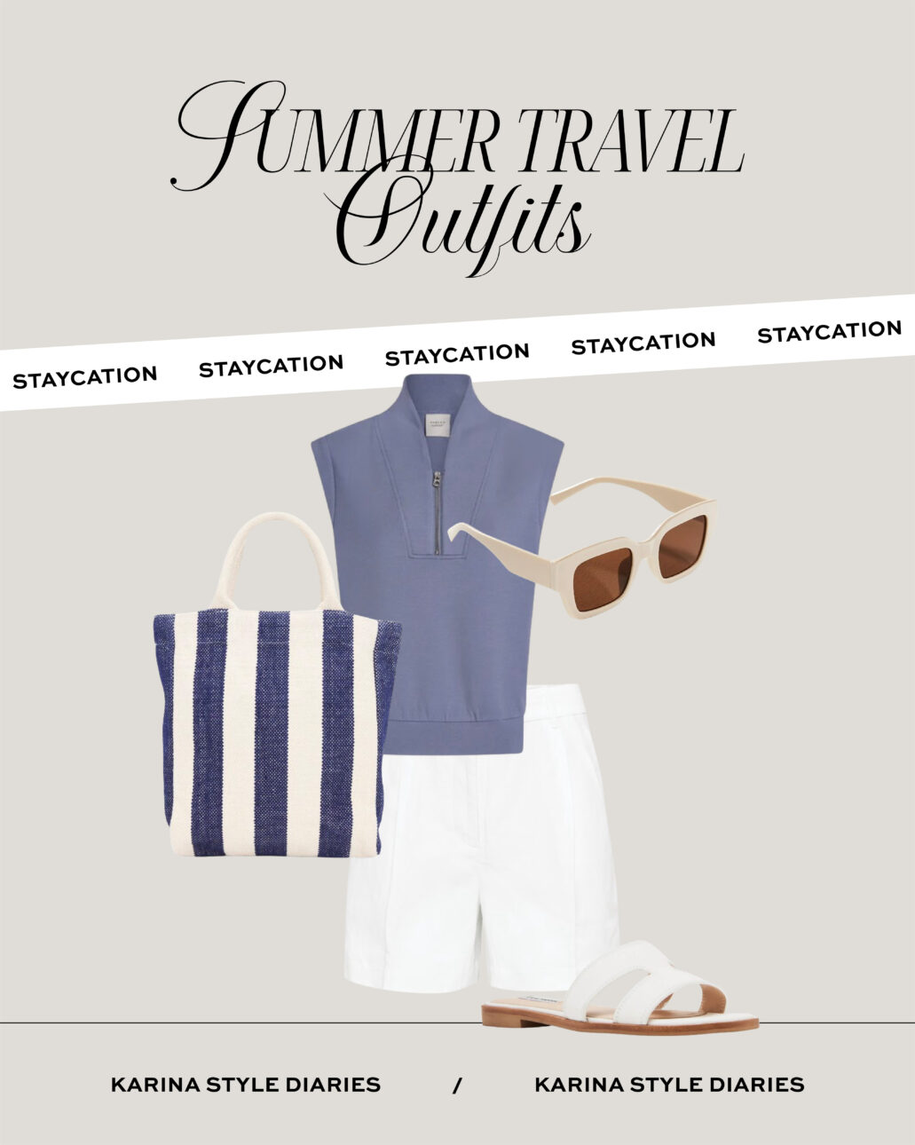 summer travel outfit - linen shorts, half-zip shirt, white sandals, a tote bag, and sunglasses