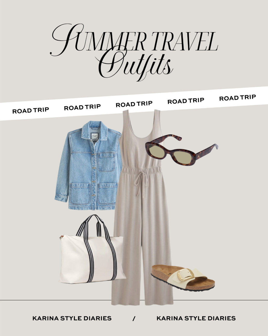 summer travel outfit - knit jumpsuit, denim jacket, Birkenstocks, a tote bag, and sunglasses