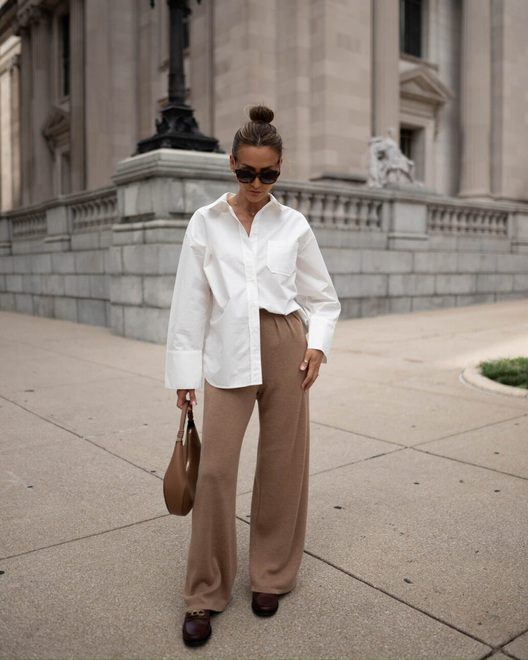 white button down shirt with trousers and loafers