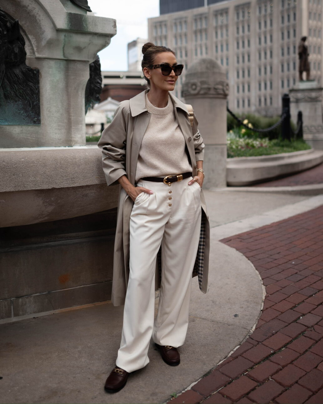 loafer outfit with a trench coat