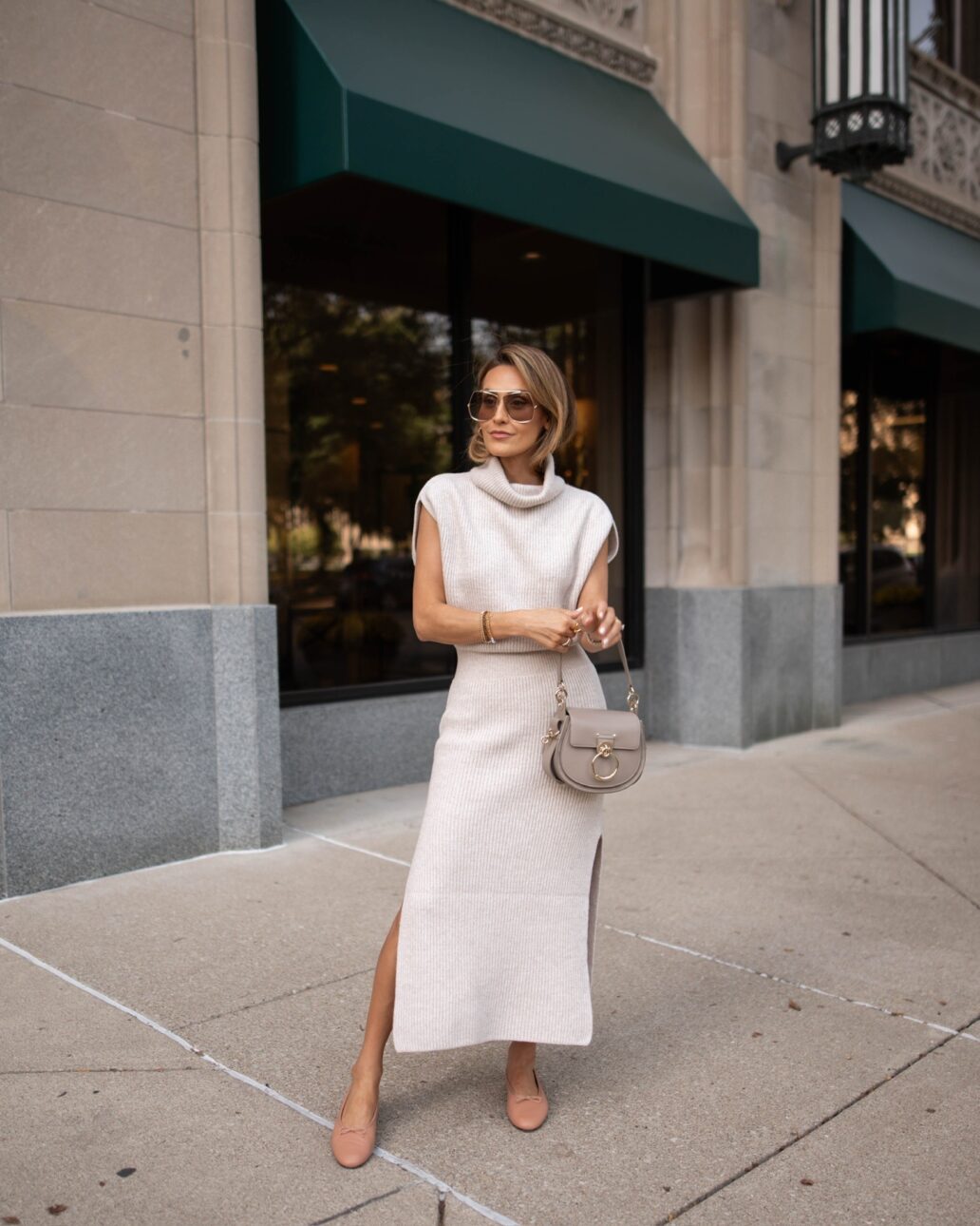 sweater dress outfit with ballet flats