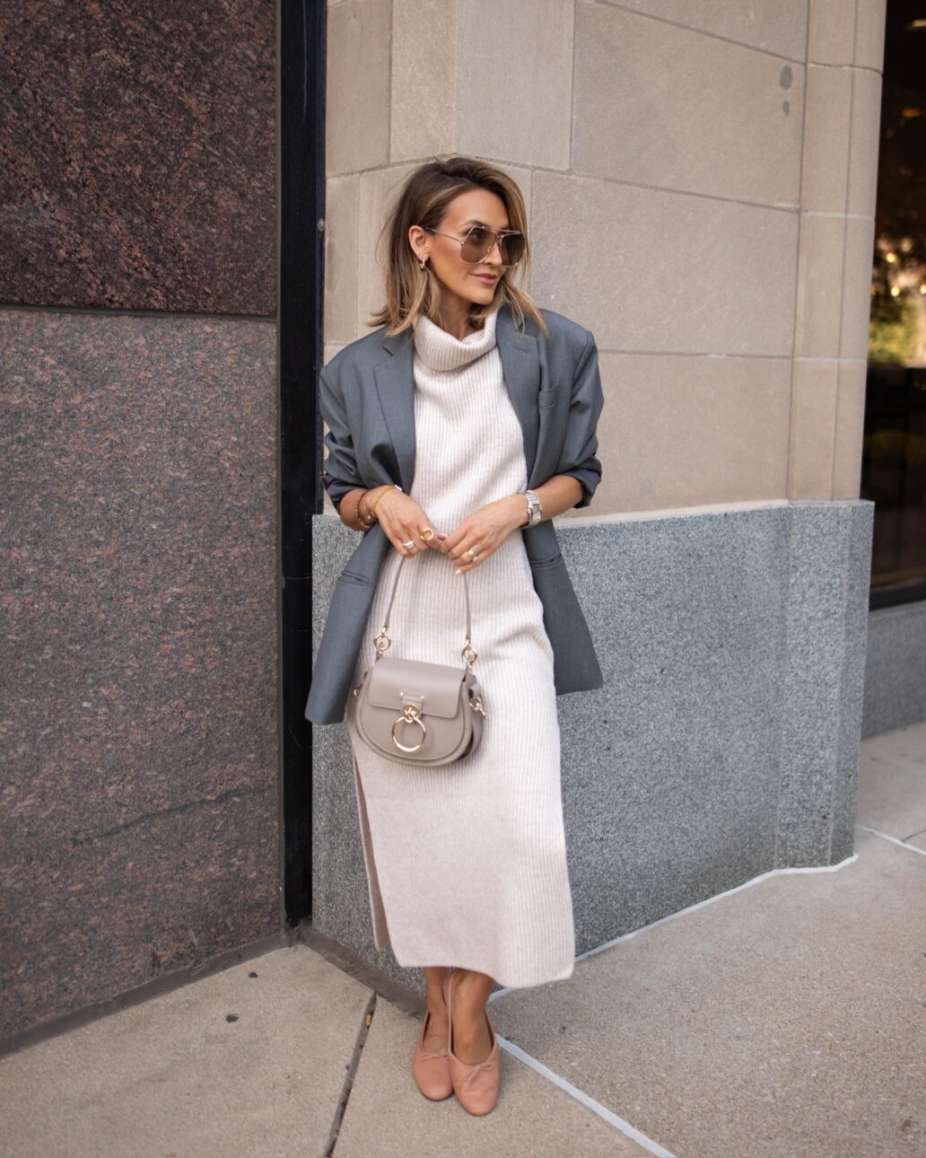 sweater dress outfit with a blazer