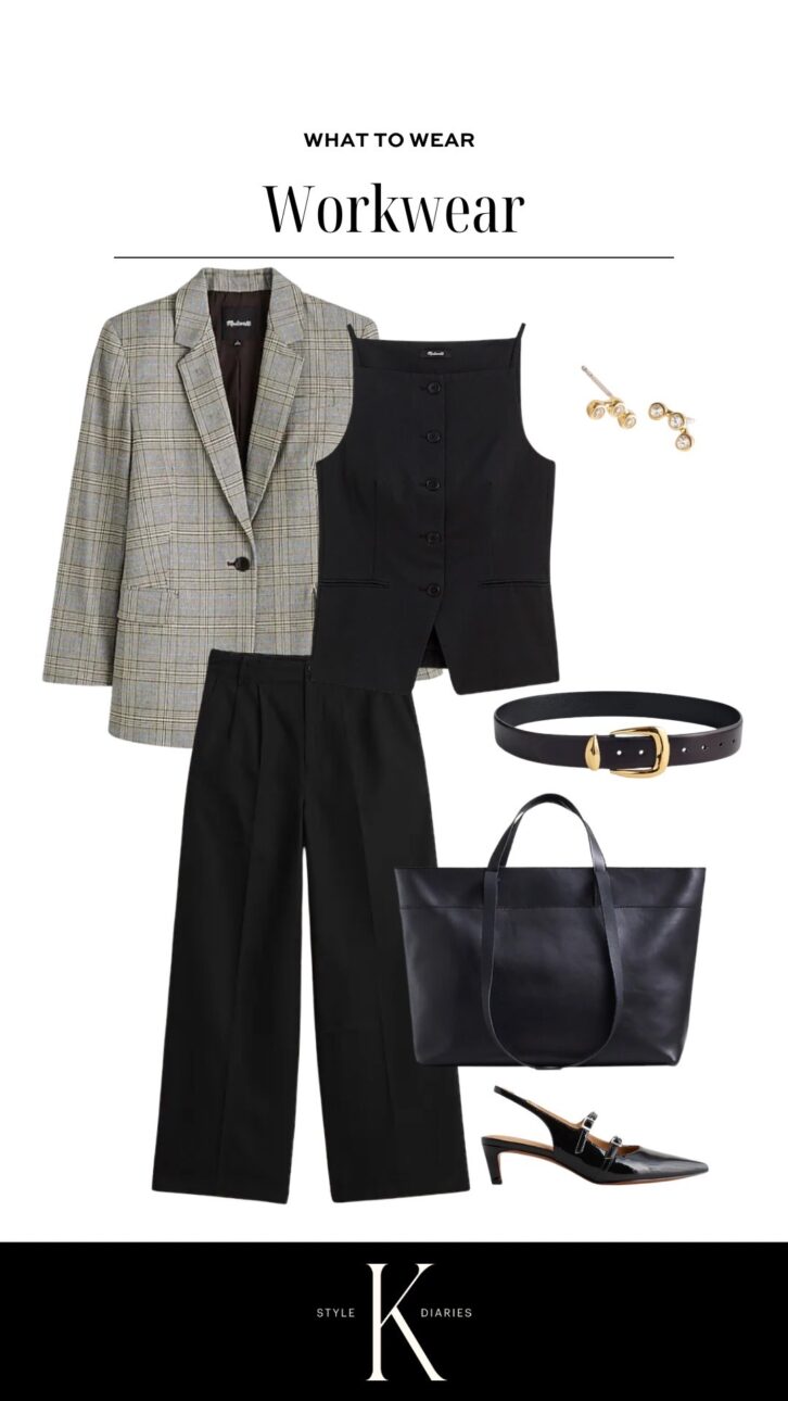 workwear outfit idea with blazer trousers and a plaid blazer