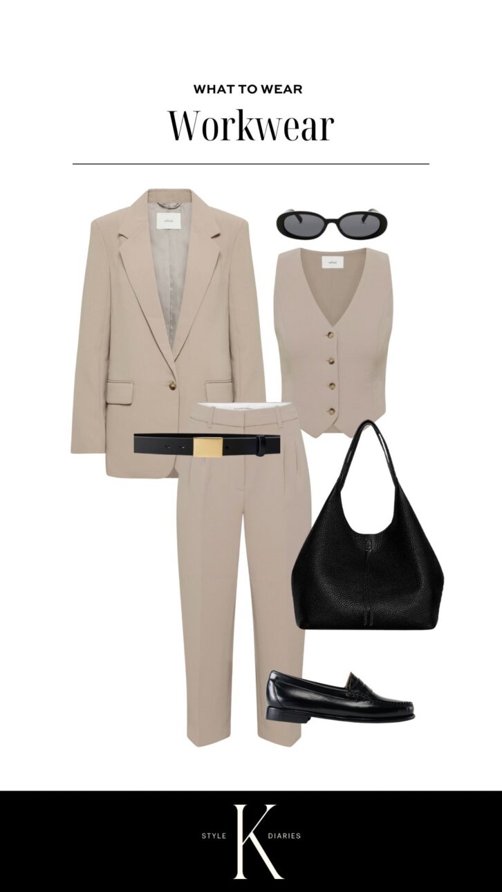 workwear outfit idea with trousers, vest, and blazer