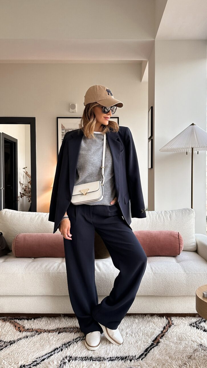 a cashmere sweater styled with trousers and a matching blazer