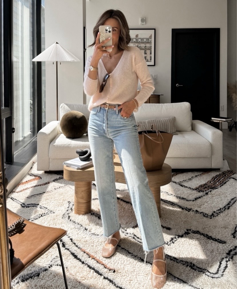 light pink cardigan sweater with light wash jeans and ballet flats