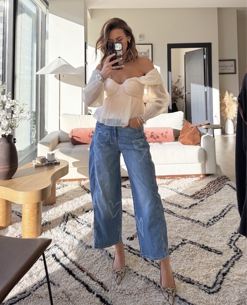 off the shoulder long sleeve shirt with barrel jeans and kitten heels