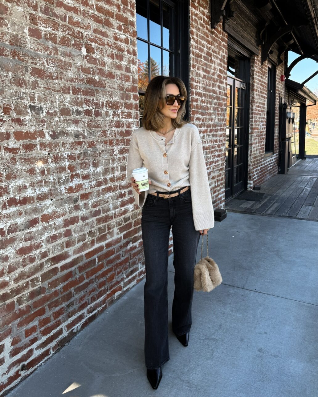 tan cardigan outfit with black jeans and booties