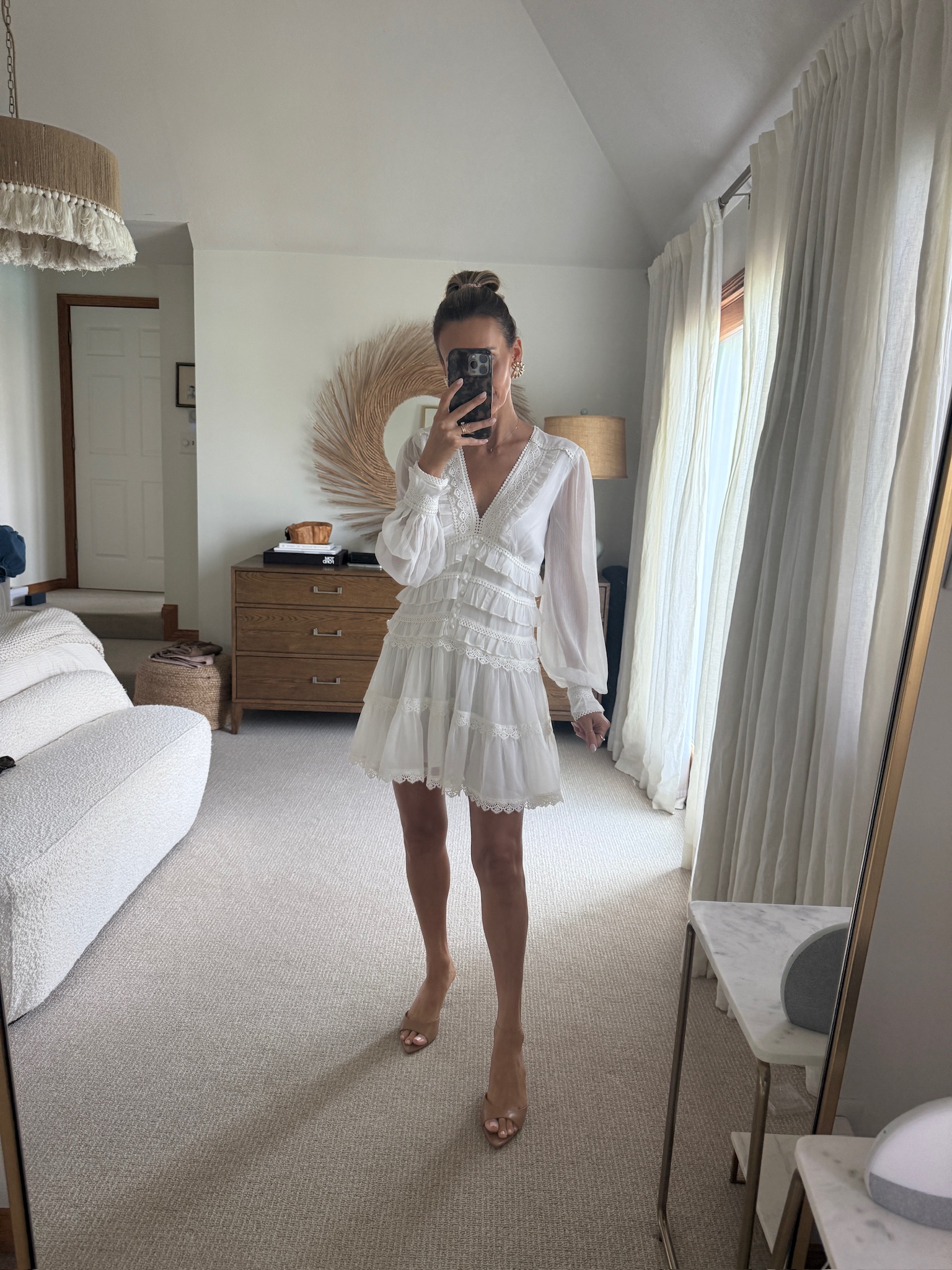 little white dress with ruffles and lace details, tan open toe sandals, summer chic outfit