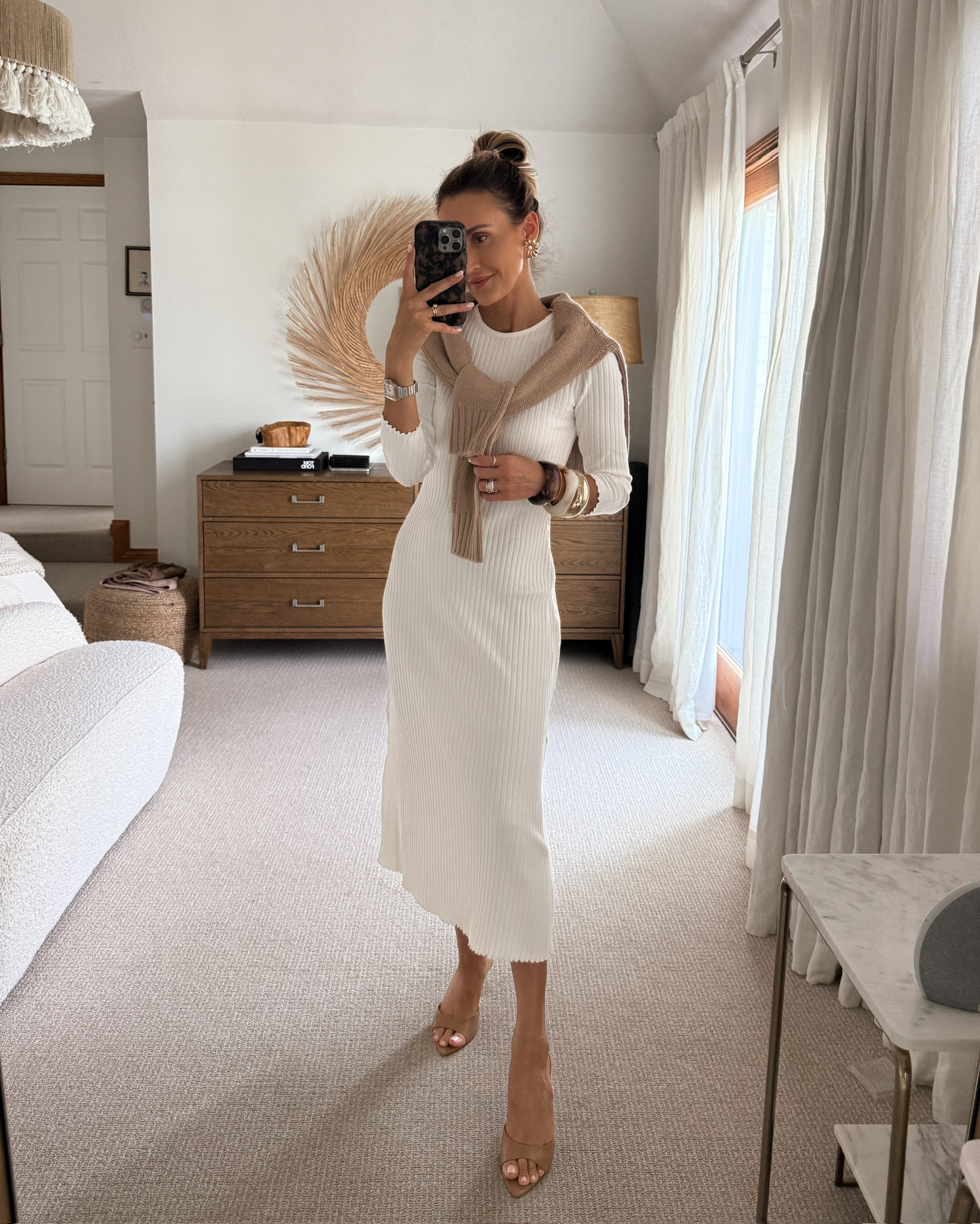white rib knit maxi dress, open toe tan sandals, light brown cashmere blend sweater, summer to fall outfit