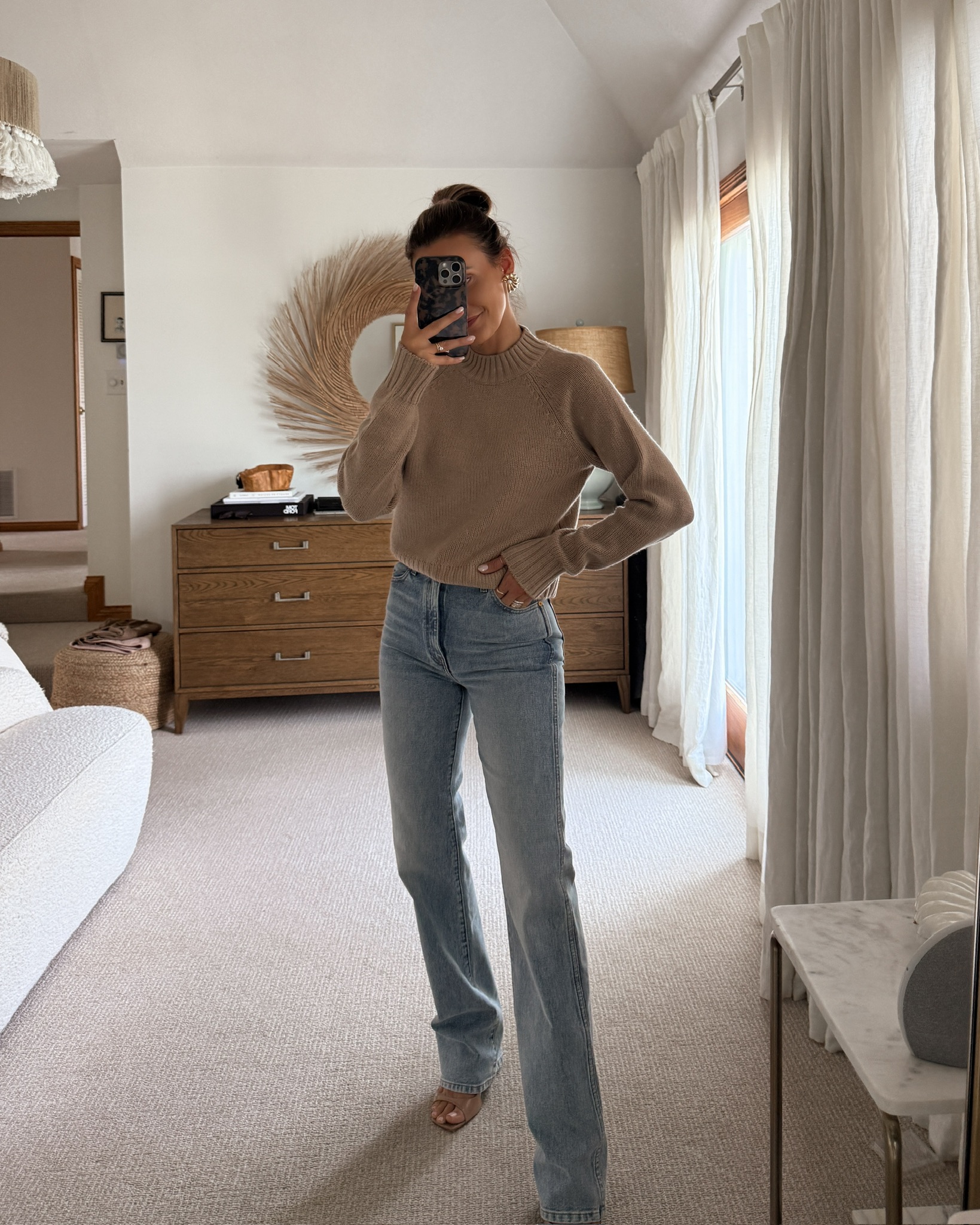 Vince cashmere and wool blend mocha brown sweater, high rise slim fit straight leg jean, open toe tan sandals